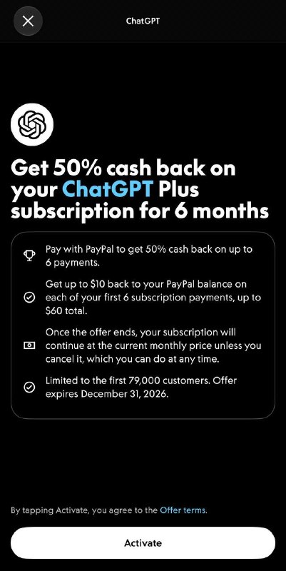 PayPal 提供 50% ChatGPT Plus订阅返现，最多6笔（共$60）要求：之前不能已经是 ChatGPT 的付费订阅用户，并且这次要通过 PayPal 的优惠链接成为新的订阅用户；老订户（订阅过 ChatGPT 任何档位）只能创个新的ChatGPT账号，才能拿这个返利