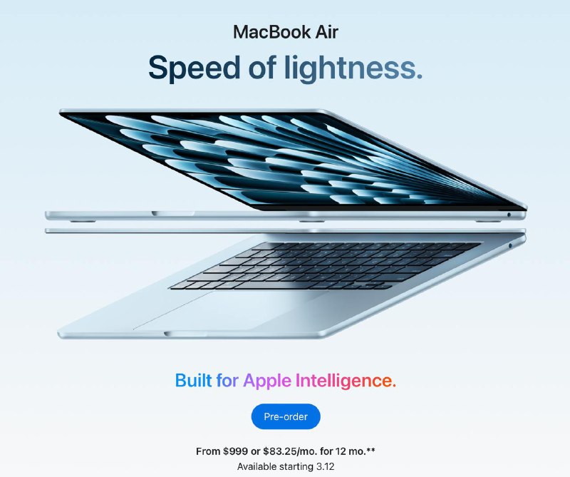苹果发布M4 MacBook Air，全新天蓝色配色，起售价999美元