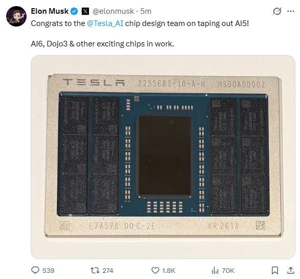 马斯克：恭喜特斯拉AI芯片设计团队成功完成AI5芯片的流片AI6、Dojo3以及其他令人期待的芯片也正在开发中