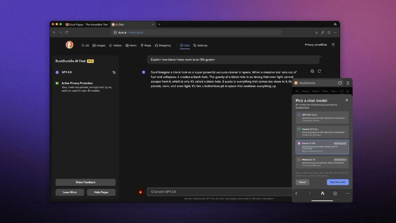 DuckDuckGo 的私人 AI 聊天默认不会使用你的数据进行训练DuckDuckGo允许您匿名访问GPT-3.5和其他模型，并从您的查询中删除您的IP地址