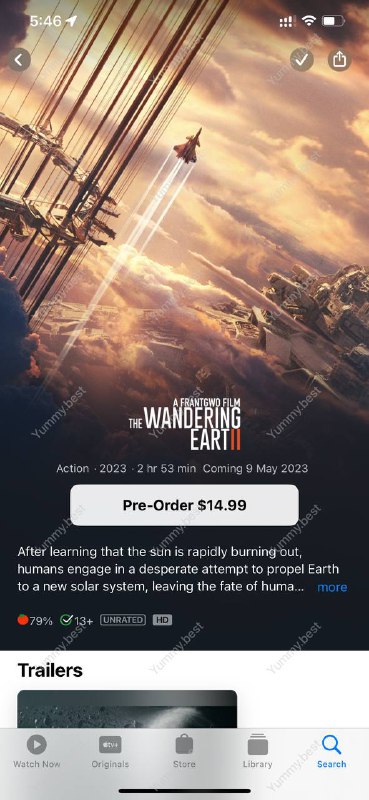 iTunes 预售流浪地球2，5月9日上线，提供 HD 分辨率，售价$14.99，烂番茄评分79%🗒 标签: #iTunes #流浪地球 📢 频道: @GodlyNews1🤖 投稿: @Godlynewsbot