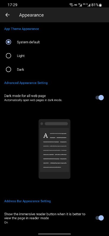 最新的安卓 Edge Beta 版添加了了“针对所有网站启用黑暗模式”的开关，用户可以在 设置 -> 外观 -> 高级外观设置 中找到这个设置项目