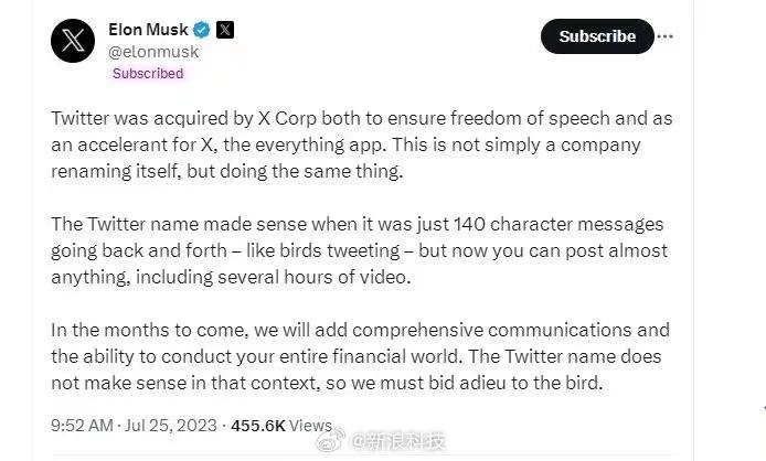 马斯克解释为何推特改名，打造万能应用，并非单纯改名 马斯克周一发帖解释了他为何要将推特改名为X公司，并去除著名的蓝鸟标志，称此举是为了将该业务重塑为一个广泛的通信和金融交易平台，即他此前多次提到过的“万能应用”