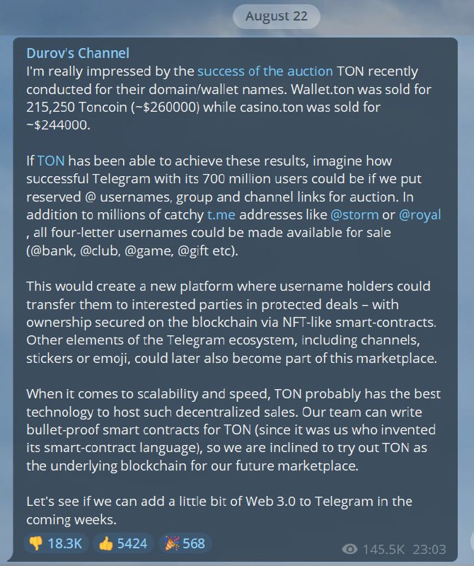 #Telegram #拍卖 #用户名Telegram 创始人回应近日回收部分非活跃的频道的用户名，系准备拍卖简单易记的用户名例如：@bank、@club、@game、@gift 等关注频道: @GodlyNews1投稿机器人: @GodlyNewsBot