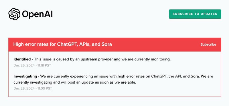 OpenAI 服务出现故障，API、ChatGPT以及Sora均受到影响本次故障由上游提供商引起目前已基本恢复
