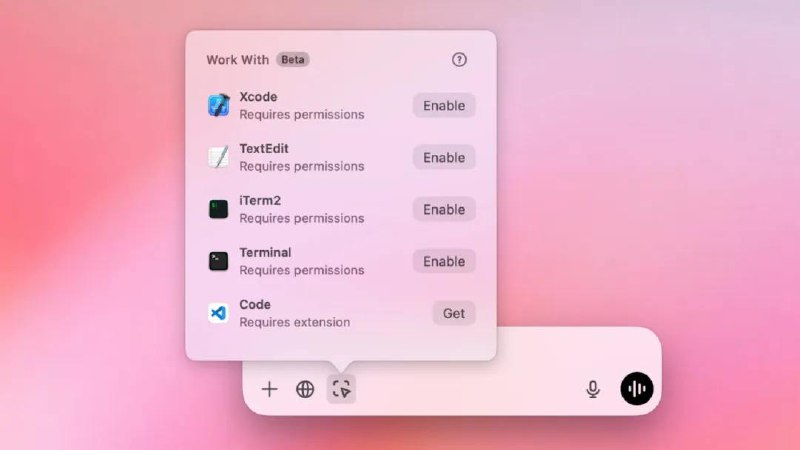 ChatGPT 现在能够直接通过语音或文本在 macOS 上与更多的编程和笔记应用程序进行协作全新桌面版 ChatGPT 将超越单纯的问答，能够通过与 30 多种应用协作来辅助提升你的写作和编程能力
