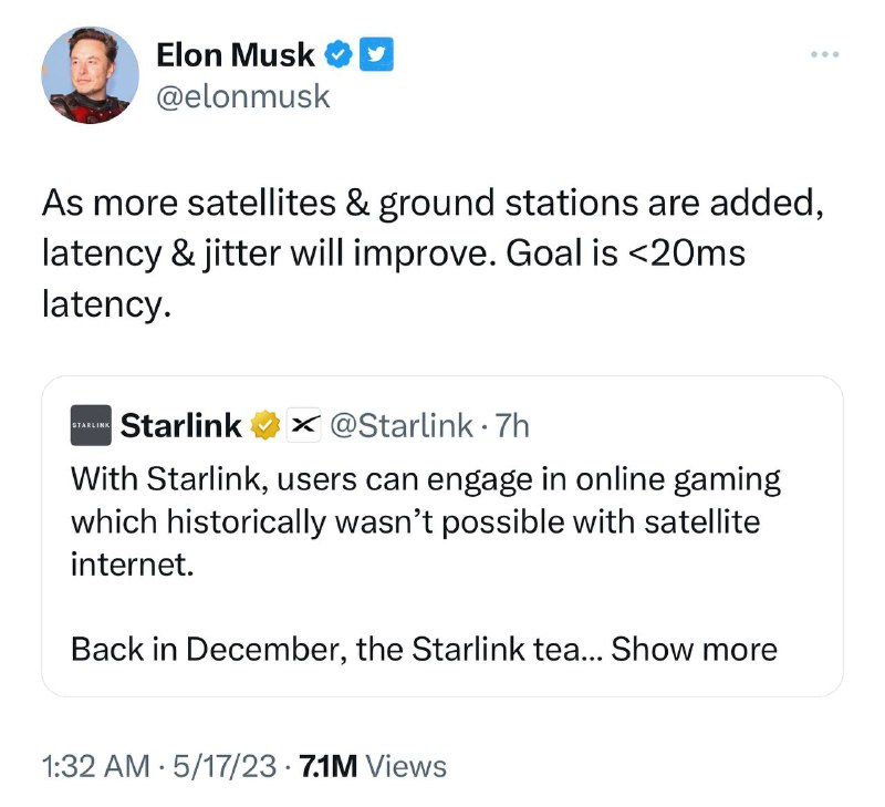 星链目标是<20ms的延迟，随着更多卫星和地面站的加入，延迟和抖动将得到改善