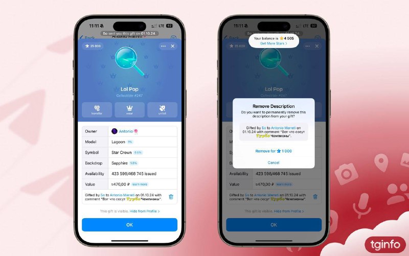 Telegram现已支持去除礼物中的描述用户需支付1000 Star作为手续费使用 iOS 版 Telegram 12.1 Beta 版 (31369) 的用户现在可以删除收到的礼物中的描述，该操作需要支付 1000 枚星币
