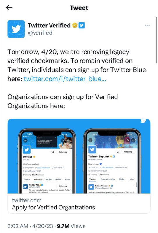 Twitter 宣布，4月20号后仍未订阅Twitter Blue的用户将失去他们的蓝勾验证🗒 标签: #Twitter #Blue 📢 频道: @GodlyNews1🤖 投稿: @GodlyNewsBot