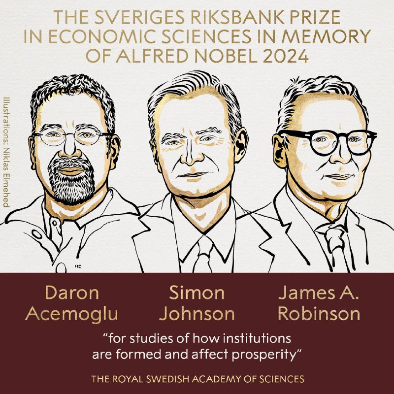 诺贝尔经济学奖揭晓2024年诺贝尔经济学奖被授予Daron Acemoglu, Simon Johnson和James A. Robinson