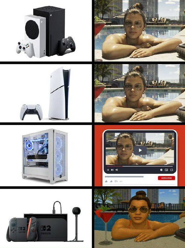 你认为哪个图片更符合GTA VI 首发时各平台玩家的处境 🙂🗒 标签: #GTA 📢 频道: @GodlyNews1🤖 投稿: @GodlyNewsBot