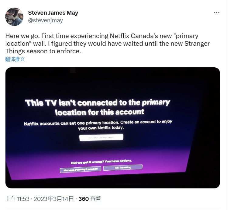 Twitter 上的一名加拿大的用户也反馈确实有该限制🗒 标签: #Netflix #反密码共享📢 频道: @GodlyNews1🤖 投稿: @GodlyNewsBot