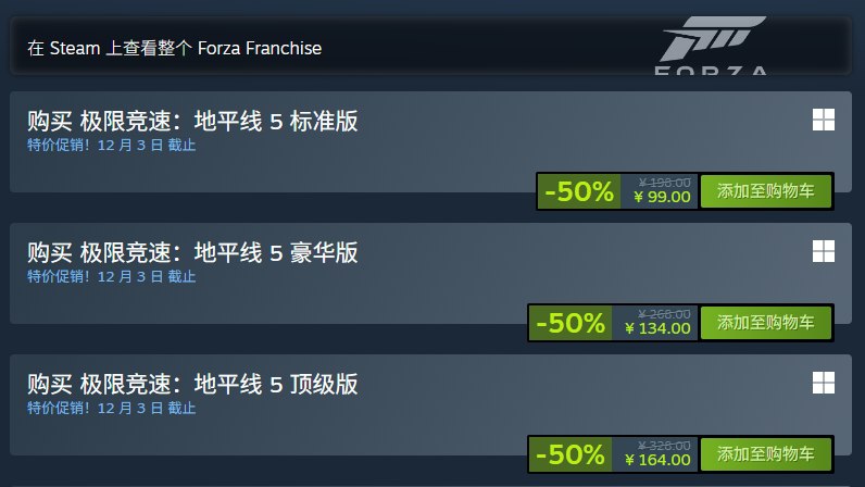 《极限竞速：地平线 5》Steam 国区新史低今日，《极限竞速：地平线 5》在 Steam 黑色星期五特卖迎来新史低，标准版仅售 99 元，豪华版仅售 134 元，活动截止时间为 12 月 3 日