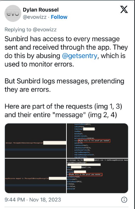 由于隐私问题，Nothing Chats已经从Google Play下架以前，Nothing Chat曾宣布支持iMessage 用户广泛分享了Texts.com的一篇博客，显示Sunbird系统发送的消息实际上并没有端到端加密，而且很容易被破坏