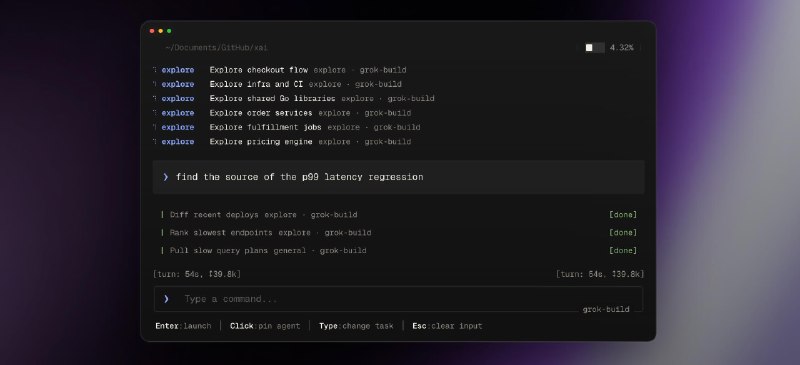 xAI推出Grok Build （CLI）早期测试版目前处于早期测试阶段，面向 SuperGrok Heavy 订阅用户Grok Build 是一款新的编码智能体，可直接在你的终端里运行