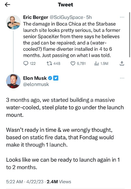 马斯克称，SpaceX 的星舰可能会在1至2个月内再次试射🗒 标签: #SpaceX #星舰📢 频道: @GodlyNews1🤖 投稿: @Godlynewsbot