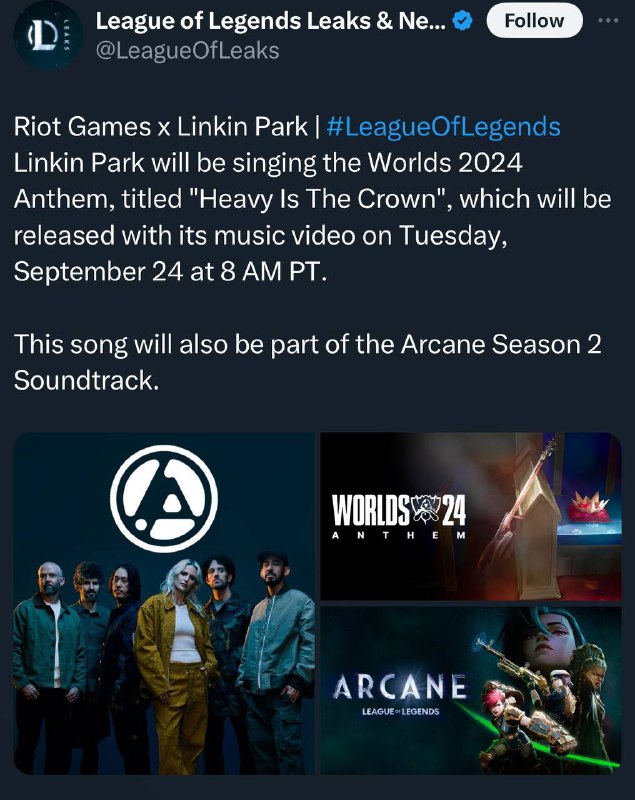 林肯公园将献唱英雄联盟S14主题曲爆料称这首歌名为《Heavy Is The Crown（沉重的王冠）》🗒 标签: #英雄联盟 #LOL #林肯公园📢 频道: @GodlyNews1🤖 投稿: @GodlyNewsBot