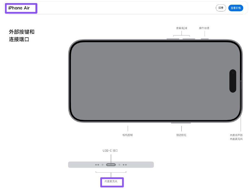 iPhone 17 Air 仅配备了单扬声器作为比较，苹果 iPhone 17 标准版配备“内置立体声扬声器”，分别位于手机顶部和手机底部