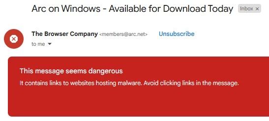Gmail 和Google workspace 将 Arc 浏览器标记为恶意软件昨天，Arc 结束了Windows客户端的测试，用户可以随时下载