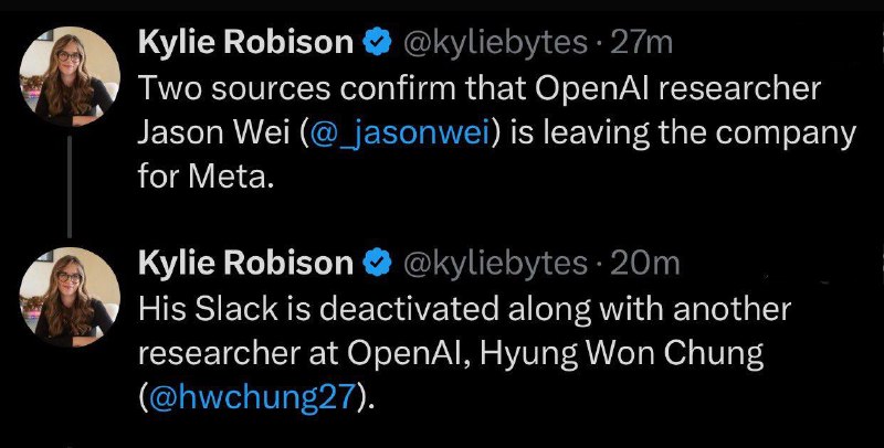消息称，Meta 从OpenAI 挖走了核心科学家Jason Wei，此外Hyung Won Chung可能也已离职𝕏 网友灵魂提问：如果 OpenAI 真的已经掌握实现AGI的全部技术，为什么他们还会离开？Jason Wei：Scaling  Law联合作者及智能体模型与推理方向首席研究员Hyung Won Chung：代码生成模型Codex负责人，GPT-4、o系列和深度研究的核心架构师在两人之前，其实已有多名OpenAI核心成员被挖到Meta