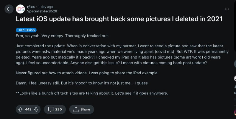iPhone 用户表示，更新至iOS 17.5后，已被删除的的NSFW照片又重新出现了苹果似乎遇到了一个错误，这个错误导致 iPhone 用户认为已经删除的数据重新出现了