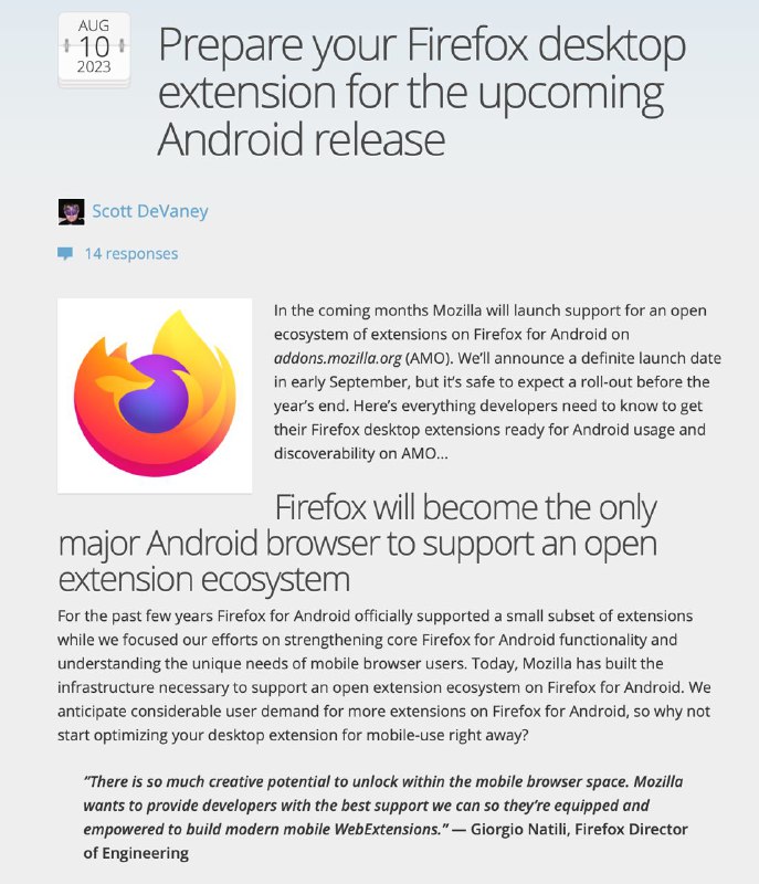 Firefox 的 Android 应用程序再次获得对扩展的适当支持开发商 Mozilla 宣布，Firefox 的 Android 应用程序将很快支持“开放的扩展生态系统”，允许用户使用各种第三方插件自定义浏览器