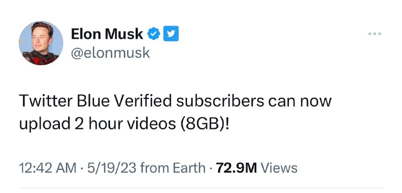 Twitter 现在允许 Blue 用户上传长达2小时的视频，容量从5GB提升至8GB有人尝试上传了《怪物史莱克3》，但视频被撤下了