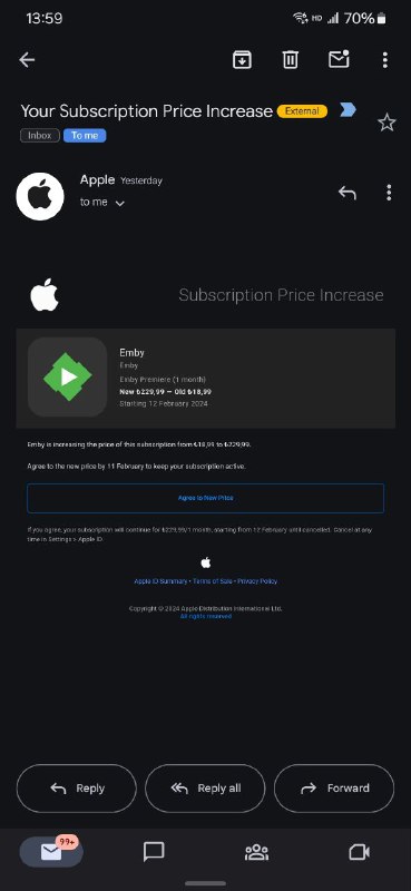 Emby Premiere 在 App Store 的价格全区涨价，美区由 4.99 美刀提至 6.99 美刀，而土耳其由 18.99 里拉暴涨至 229.99 里拉