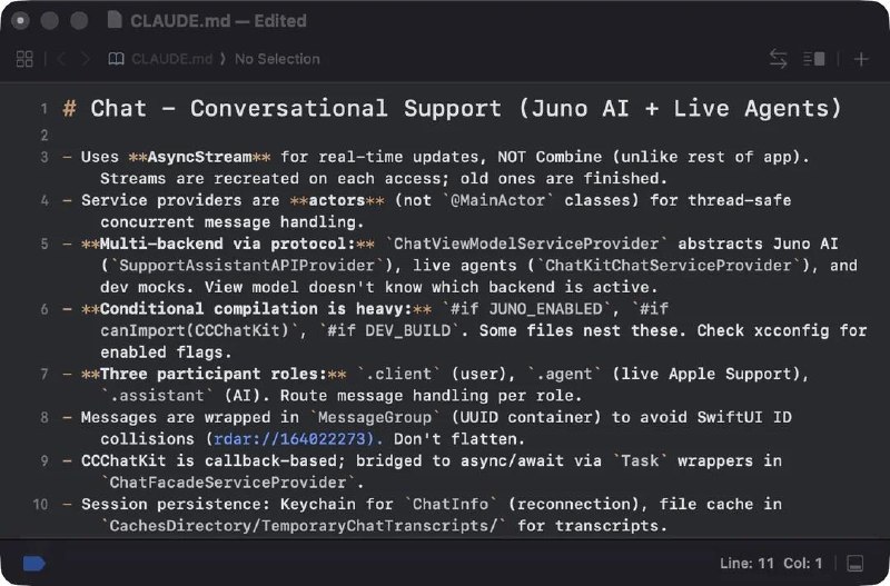 意外泄漏的文件显示，Apple内部正在使用Claude编写代码Apple 在 Apple Support应用（v5.13）中意外将 Claude[.]md 文件打包进了程序中