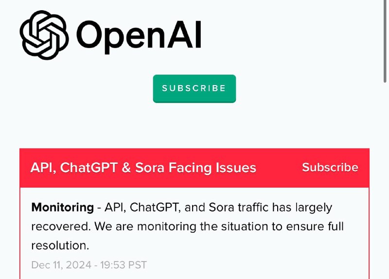 OpenAI表示服务已基本恢复，正在持续监测情况，以确保彻底解决问题