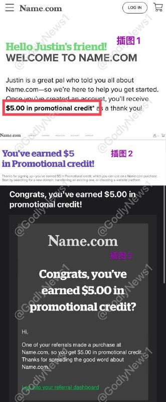 #域名 #xyz.blog 没找到太便宜的，和大家分享一个13人民币获取7年 .xyz域名的方法[DP]1. 通过 链接 注册 name.com, 资料选择中国(这样才有支付宝选项，否则只能PayPal/信用卡)注册页面要配图的这5美元才能继续(插图1所示)，否则没有优惠，个人信息尽量真实，尤其是邮箱,2.完成注册后可以看到已获取促销信用(插图2所示)3.直接搜索6-9位数字的.xyz域名,先购买一年,付款$0.99≈6.73人民币(所有附加内容都不要选购)4.先等待邮件确认促销信用到账!!!(插图3所示),我大概等了一个小时才到账,前往 我的域名 ，点击续订域名,年限选择6年,付款选项选择 促销信用+支付宝 实付 $0.94≈6.39人民币📖Tips: 不要想着13块可以注册6个8之类的域名😂没有这样的水鱼商家,还有就是记得关闭自动续费关注频道: @GodlyNews1投稿机器人: @GodlyNewsBot