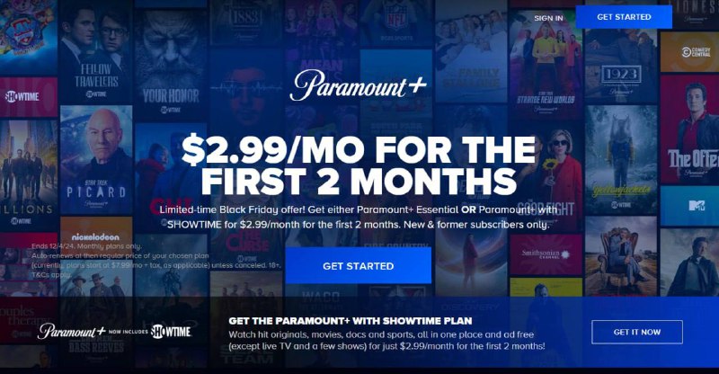 Paramount+ 黑五：以$2.99/月，订阅两个月Paramount+ with Showtime更幽默的是Paramount+ Essential也是同样的价格，但是它有广告而且不能看Showtime