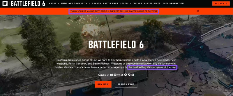 EA 感谢玩家让《战地6》成为年度最热销射击游戏！