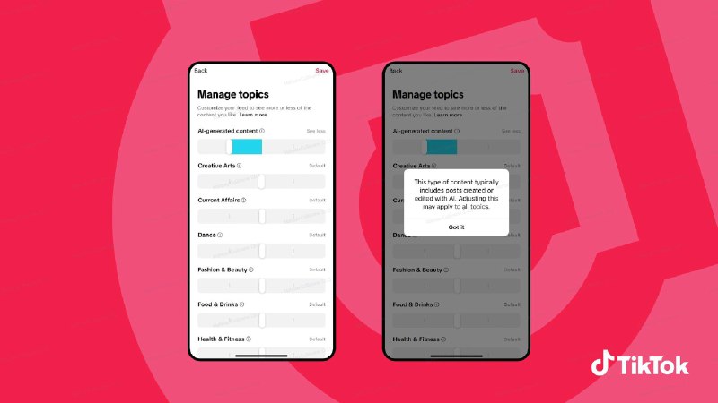 TikTok 将开放用户设置，减少短视频信息流中的 AI 内容在未来几周内，我们将开始测试一种新的 AI 生成内容控制功能，帮助用户自主选择在“为你推荐”中看到的 AI生成内容的数量