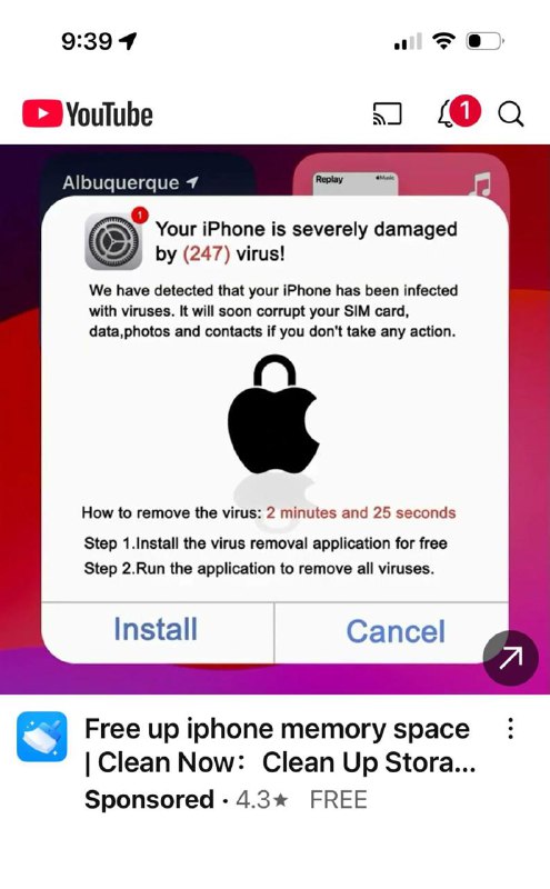 YouTube出现假冒的 iPhone 病毒弹窗Infoblox 的威胁情报副总裁 Renée Burton 在 LinkedIn 上发了一张截图，她对这个广告居然通过了安全检查感到非常惊讶