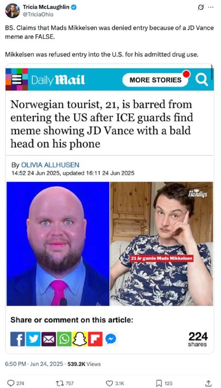 美国土安全部否认 挪威男子因手机内有JD Vance的表情包而被拒绝入境一位来自挪威的男子Mads Mikkelsen声称，他在访问美国时被拒绝入境，因为美国海关和边境保护局在他的手机上发现了一张丑化副总统 JD Vance 的表情包